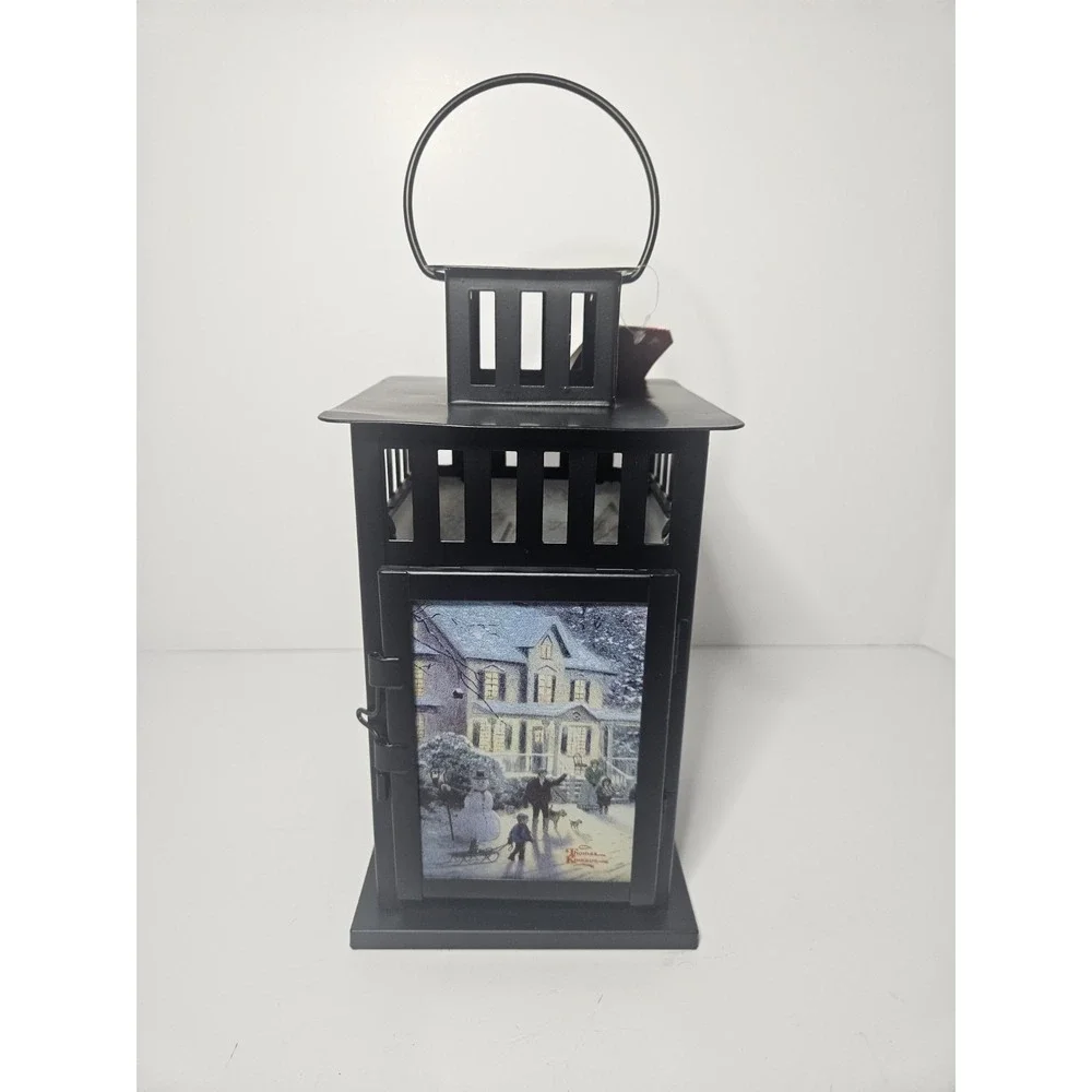Thomas Kinkade Christmas Lantern Holiday Decor Black Metal Glass NWT 9.5in